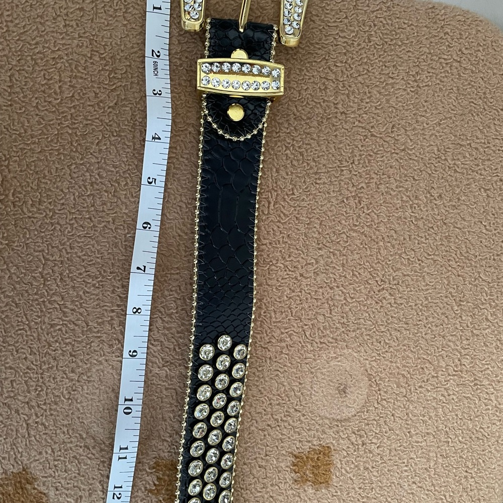 Black and Gold Leather Belt with Decorative Buckle